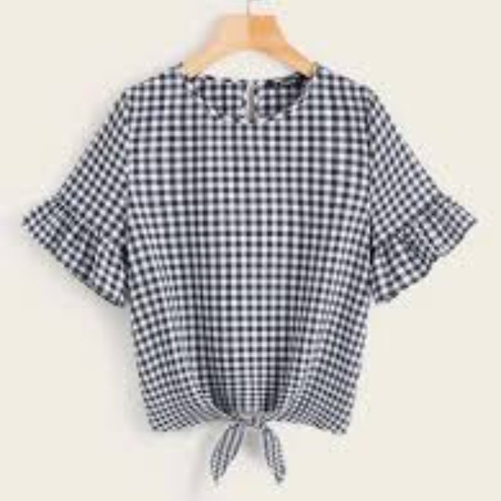 3/$30 SHEIN Ruffle Cuff Tie Hem Plaid Top Large